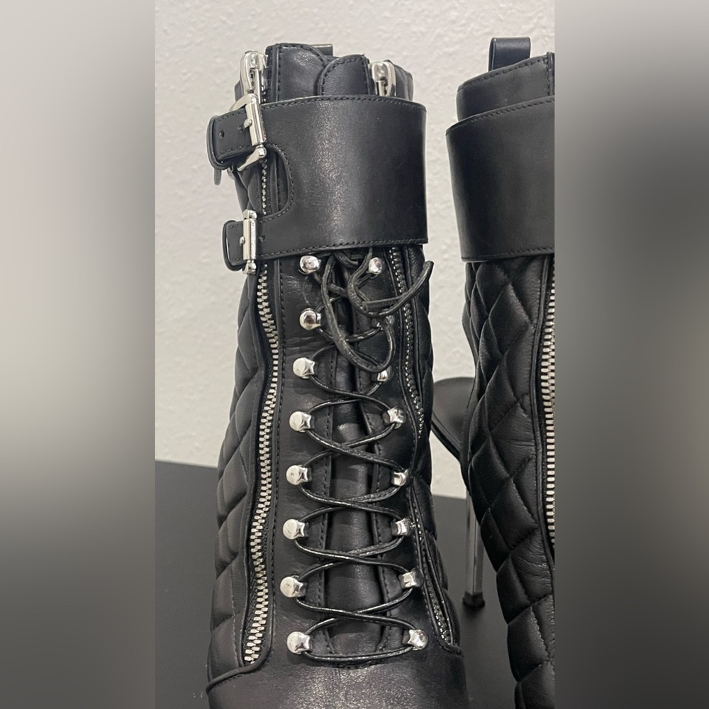 Michael Kors Black Quilted Lace Up Zip Stiletto Bootie Boots - Picture 3 of 15